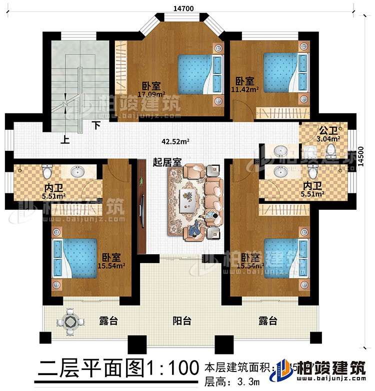 二層：2露臺(tái)、陽(yáng)臺(tái)、4臥室、2內(nèi)衛(wèi)、公衛(wèi)、起居室