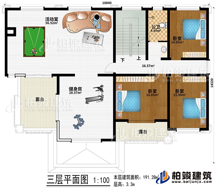 三層：健身房、活動室、3臥室、公衛(wèi)、２露臺