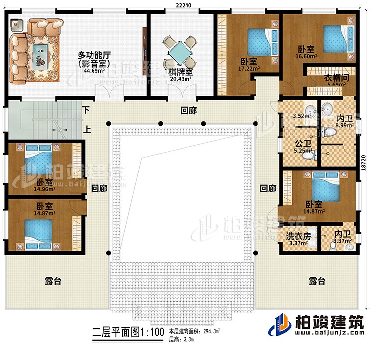 二層：多功能廳（影音室）、棋牌室、5臥室、衣帽間、公衛(wèi)、2內(nèi)衛(wèi)、洗衣房、3回廊、2露臺(tái)