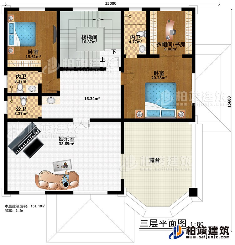 三層：樓梯間、娛樂室、2臥室、衣帽間/書房、2內(nèi)衛(wèi)、公衛(wèi)、露臺(tái)