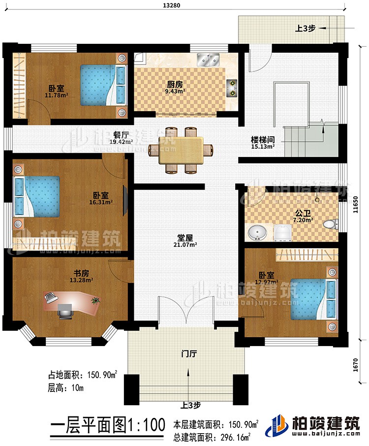 一層：門廳、堂屋、餐廳、廚房、樓梯間、3臥室、書房、公衛