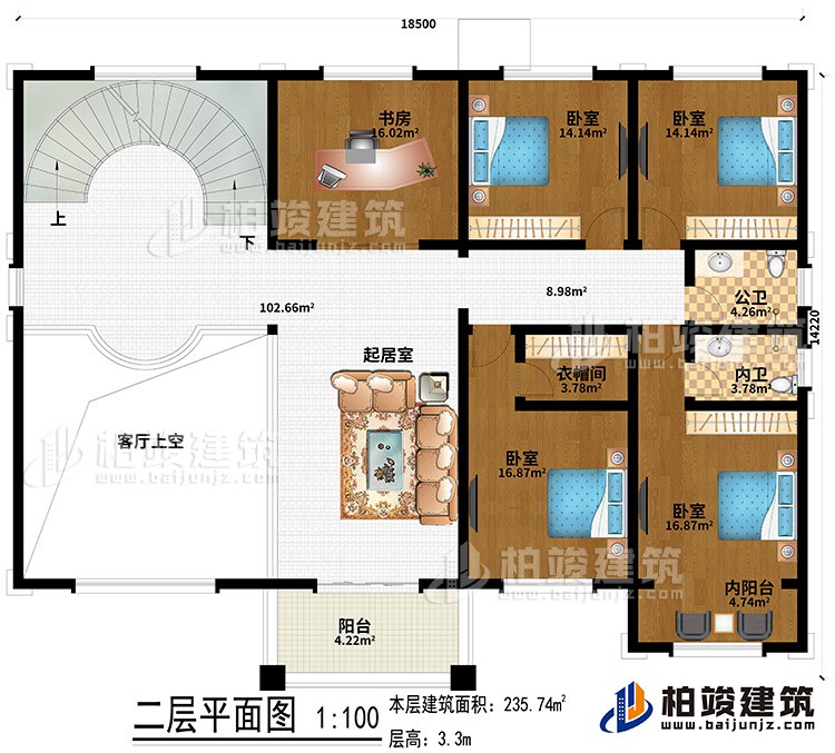 二層：4臥室、起居室、書房、客廳上空、衣帽間、內陽臺、陽臺、公衛、內衛