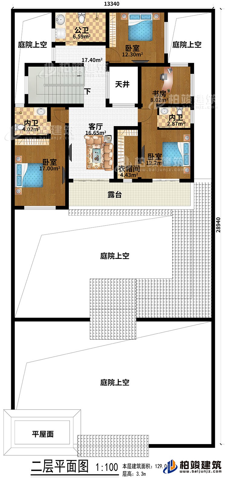 二層：平屋面、4庭院上空、3臥室、客廳、天井、衣帽間、書房、公衛、2內衛