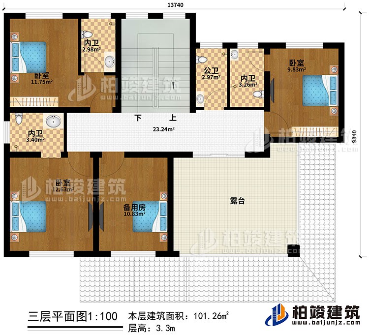 三層：3臥室、備用房、３內衛、公衛、露臺