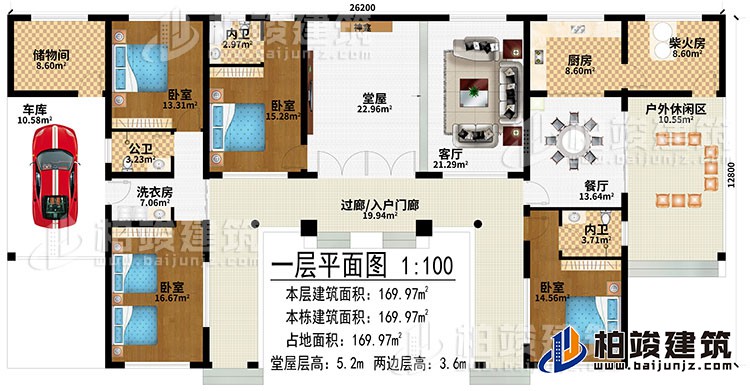 一層：過廊/入戶門廊、堂屋、神龕、客廳、餐廳、廚房、柴火房、戶外休閑區、儲物間、車庫、洗衣房、4臥室、2內衛、公衛