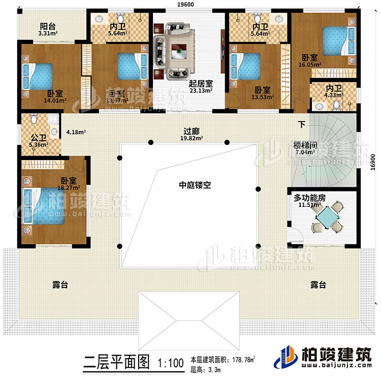 二層：起居室、中庭、過廊、樓梯間、5臥室、公衛(wèi)、3內(nèi)衛(wèi)、2露臺(tái)、陽臺(tái)、多功能房