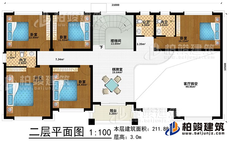 二層：棋牌室、樓梯間、5臥室、2內衛、公衛、客廳挑空、陽臺