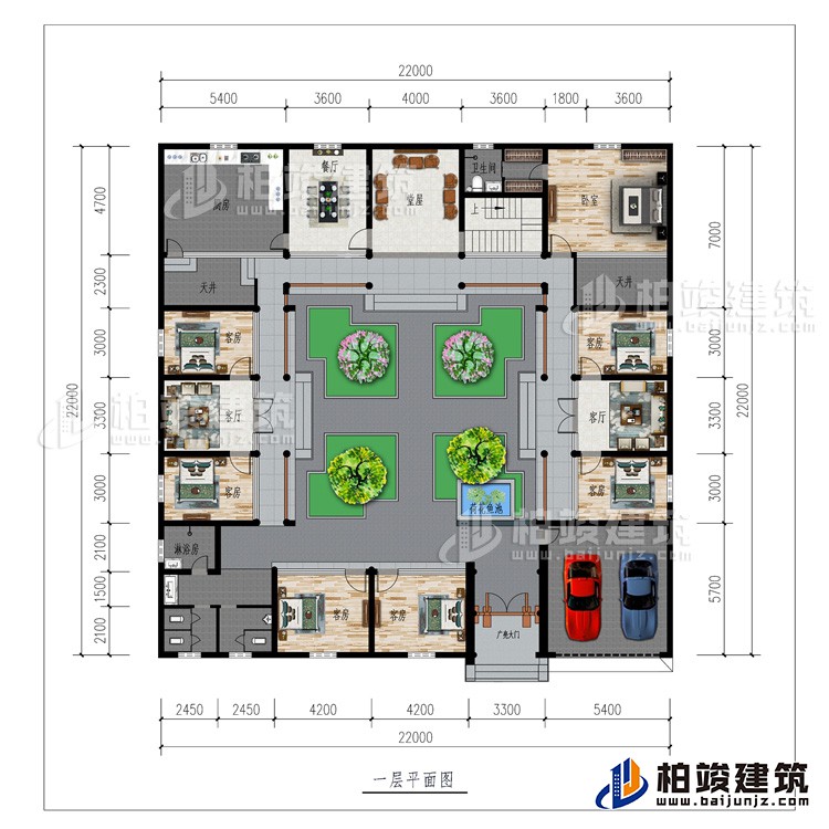 一層：廣亮大門、車庫、書房、公衛、7臥室、2客廳、餐廳、廚房、堂屋、2天井、內衛、荷花魚池