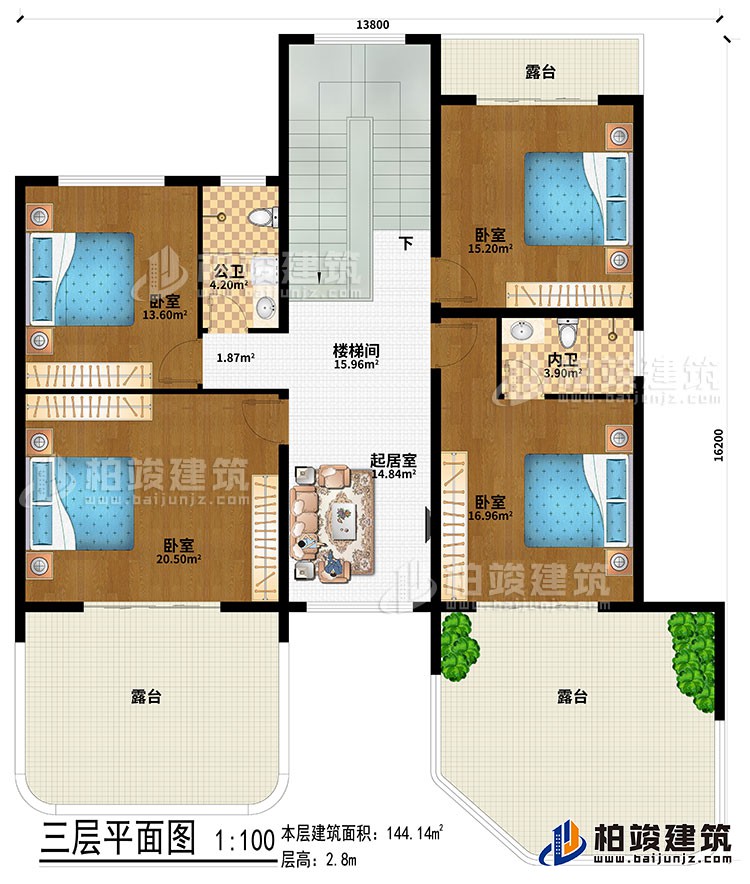 三層：樓梯間、起居室、4臥室、公衛、內衛、3露臺