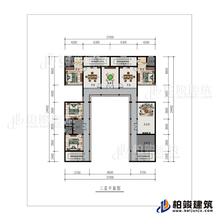 二層：棋牌室、2書(shū)房、活動(dòng)室、雜物間、4臥室、4內(nèi)衛(wèi)、過(guò)廊