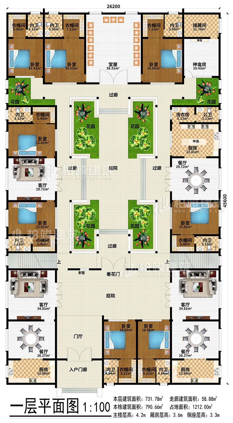 一層：入戶門廊、門廳、3餐廳、3廚房、3客廳、堂屋、神龕、神龕房、儲物間、6花園、4過廊、2庭院、影壁、垂花門、中島、洗衣房、公衛(wèi)、8臥室、8衣帽間、8內(nèi)衛(wèi)