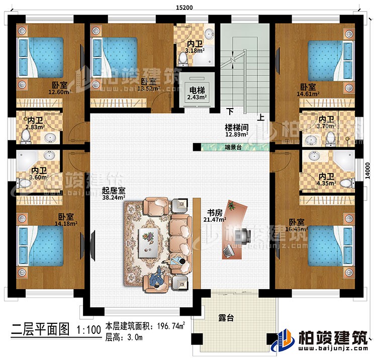 二層：樓梯間、端景臺、起居室、書房、5臥室、電梯、5內衛、露臺