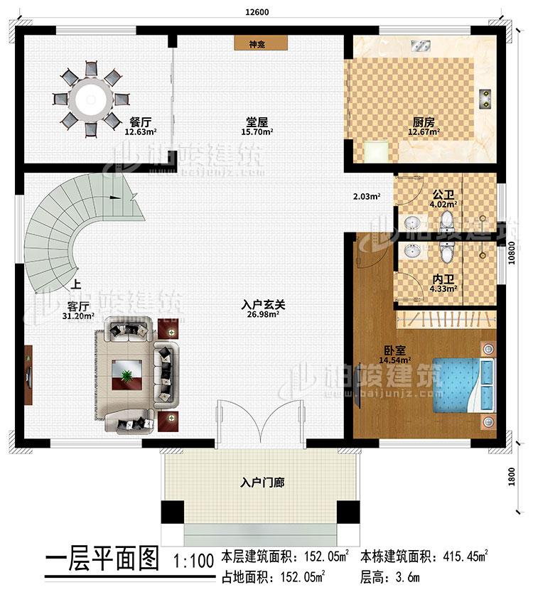 一層：入戶門廊、入戶玄關、堂屋、神龕、客廳、餐廳、廚房、臥室、公衛、內衛