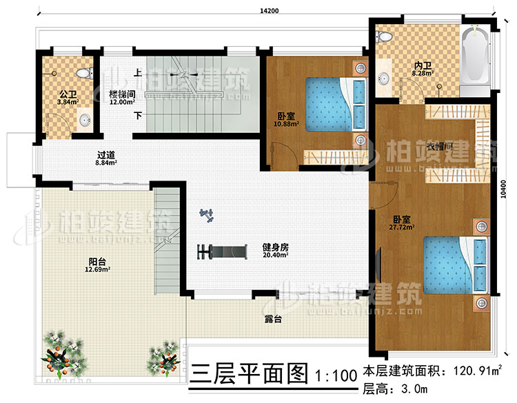 三層：健身房、樓梯間、2臥室、衣帽間、過道、公衛、內衛、陽臺、露臺