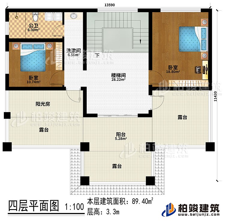 四層：樓梯間、洗漱間、2臥室、陽(yáng)光房、公衛(wèi)、陽(yáng)臺(tái)、3露臺(tái)