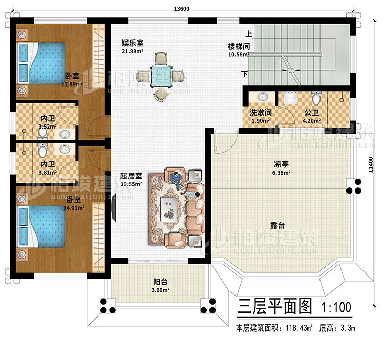 三層：起居室、娛樂室、樓梯間、2臥室、洗漱間、公衛、2內衛、涼亭、陽臺、露臺