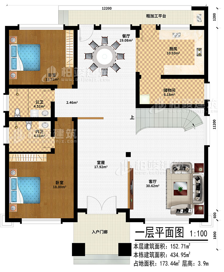 一層：入戶門廊、堂屋、客廳、餐廳、廚房、儲物間、2臥室、公衛(wèi)、內(nèi)衛(wèi)、粗加工平臺