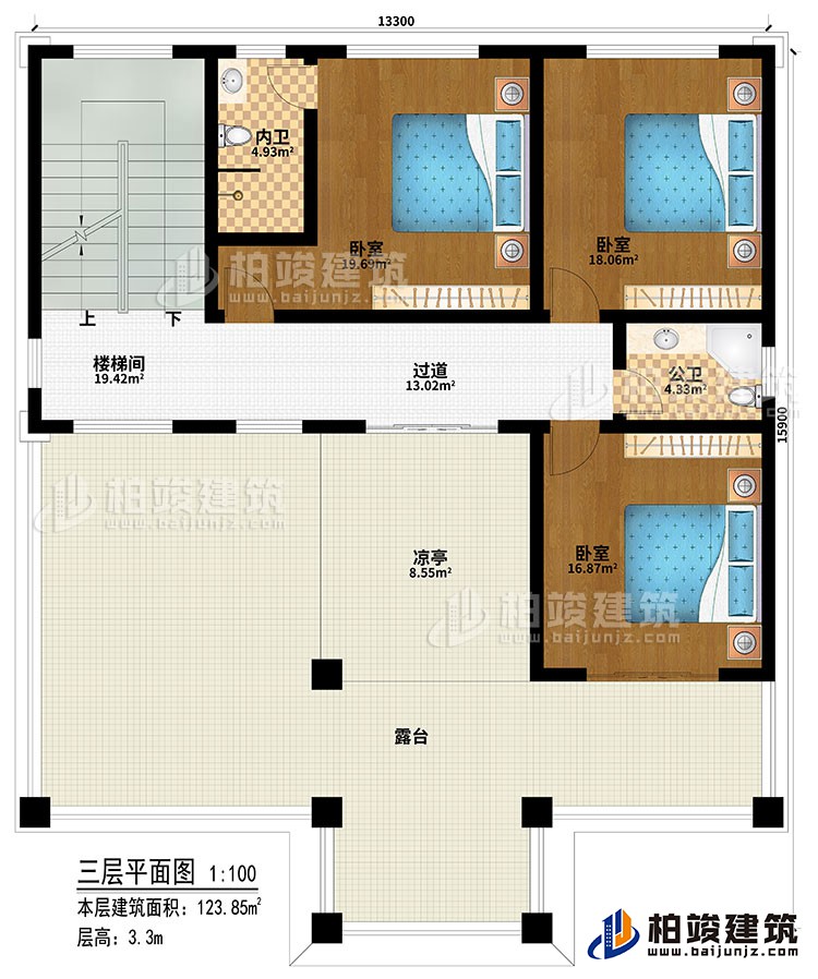 三層：樓梯間、過道、3臥室、公衛、內衛、涼亭、露臺