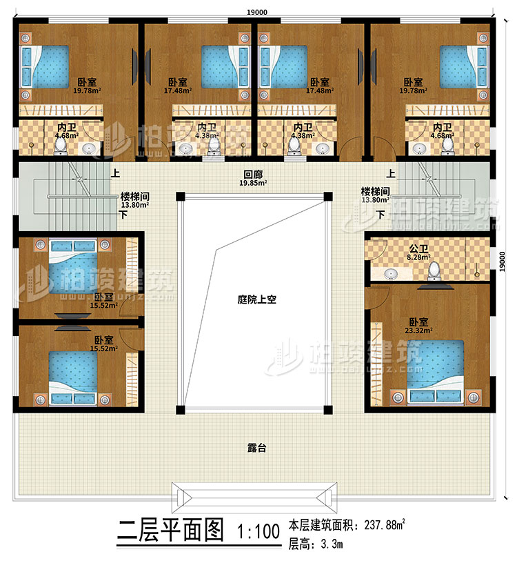 二層：回廊、露臺、庭院上空、2樓梯間、7臥室、4內衛(wèi)、公衛(wèi)