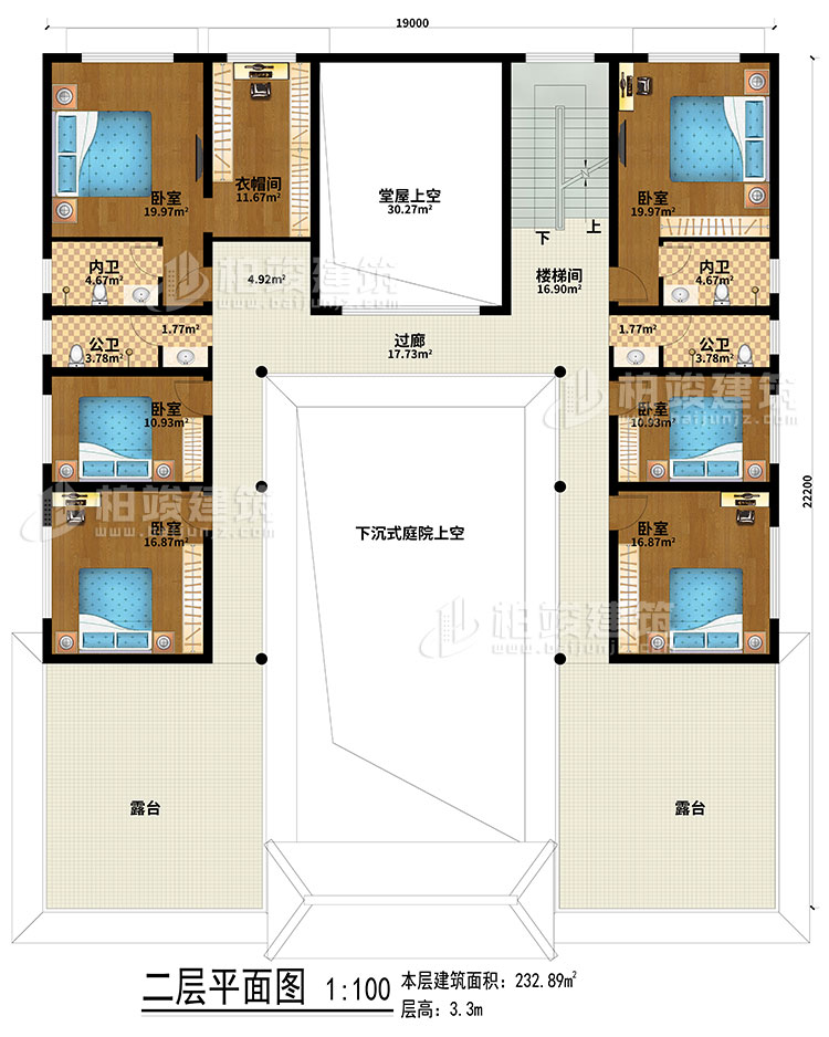 二層：下沉式庭院上空、堂屋上空、樓梯間、過廊、6臥室、衣帽間、2公衛、2內衛、露臺