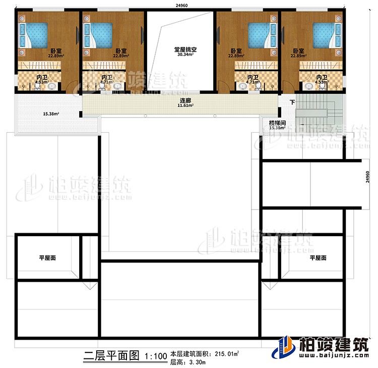 二層：堂屋挑空、4臥室、4內衛、樓梯間、連廊、2平屋面