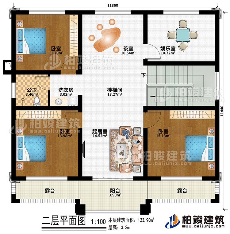 二層：樓梯間、起居室、茶室、3臥室、娛樂室、洗衣房、公衛、陽臺、2露臺