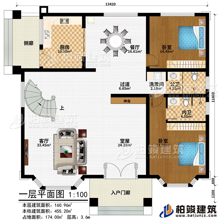 一層：入戶門廊、側廊、堂屋、神龕、客廳、廚房、餐廳、過道、2臥室、洗漱間、公衛、內衛