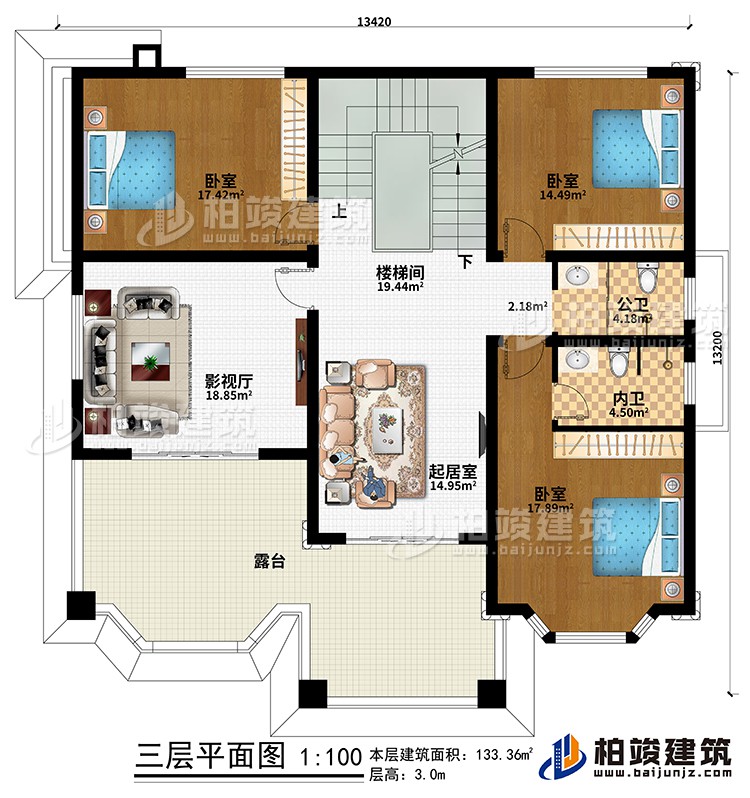 三層：樓梯間、起居室、影視廳、3臥室、公衛、內衛、露臺