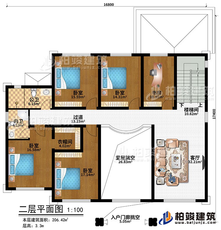 二層：樓梯間、客廳、堂屋挑空、入戶門(mén)廊挑空、4臥室、衣帽間、書(shū)房、公衛(wèi)、內(nèi)衛(wèi)