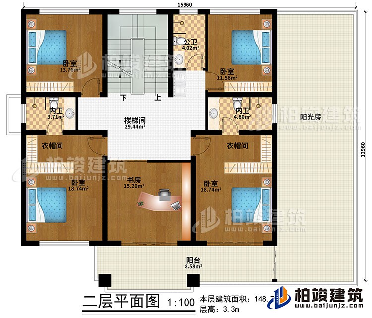 二層：樓梯間、4臥室、書房、2衣帽間、公衛(wèi)、2內(nèi)衛(wèi)、陽臺(tái)、陽光房