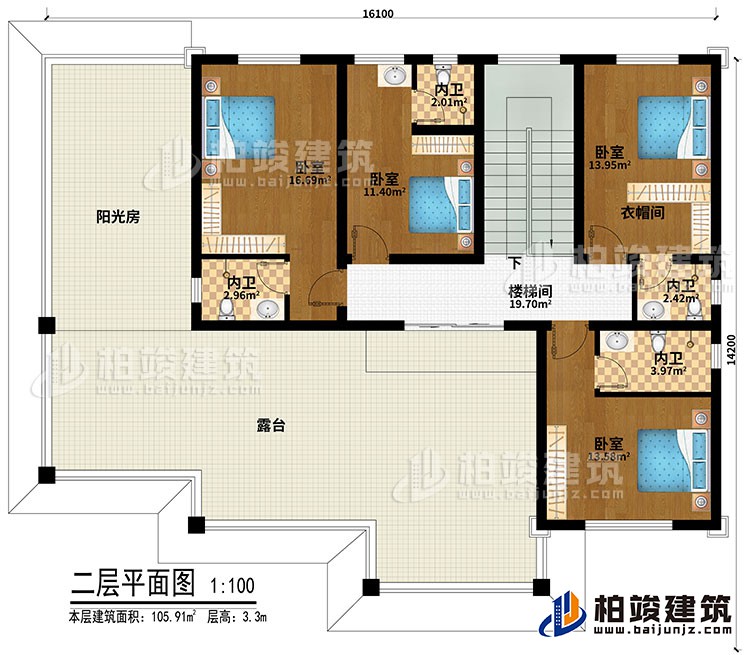 二層：4臥室、衣帽間、樓梯間、4內衛、陽光房、露臺