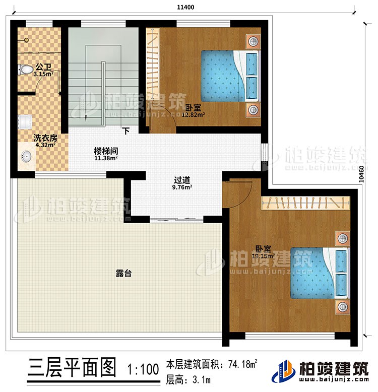 三層：過道、樓梯間、2臥室、公衛(wèi)、洗衣房、露臺