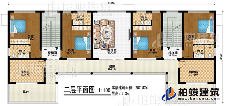 二層：起居室、2樓梯間、4臥室、4內衛、2儲物間、過廊、2露臺